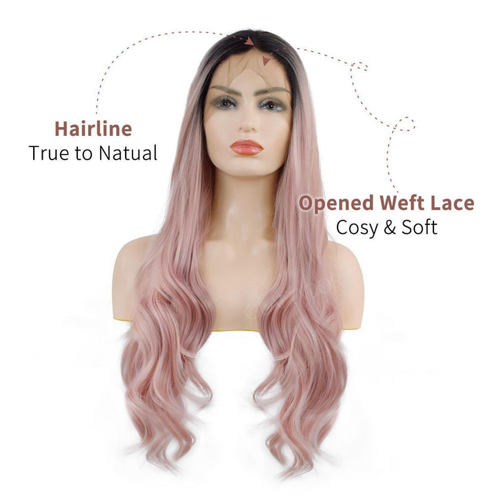 24 Inch T Pink Wig Front Lace Chemical Fiber Wig ladies high temperature silk half hand hook big curly hair - MRSLM