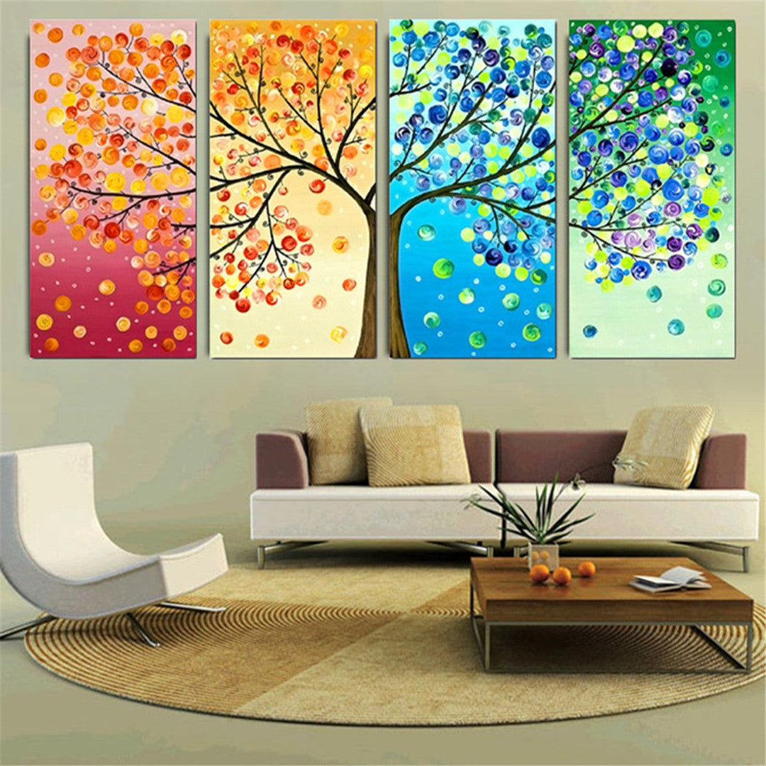 4pcs Canvas Print Painting Wall Decor Four Seasons and Trees Wall Hanging Decorative Art Pictures Frameless for Home Office - MRSLM