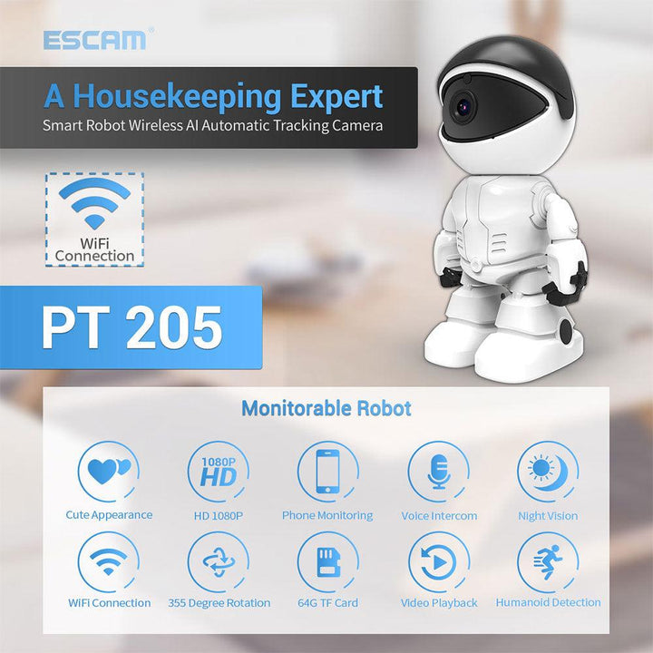 ESCAM PT205 Smart Robot HD 1080P PTZ Wireless Al Automatic Tracking Camera Cute voice Intercom Night Vision Motion Detections High Quality Monitor - MRSLM