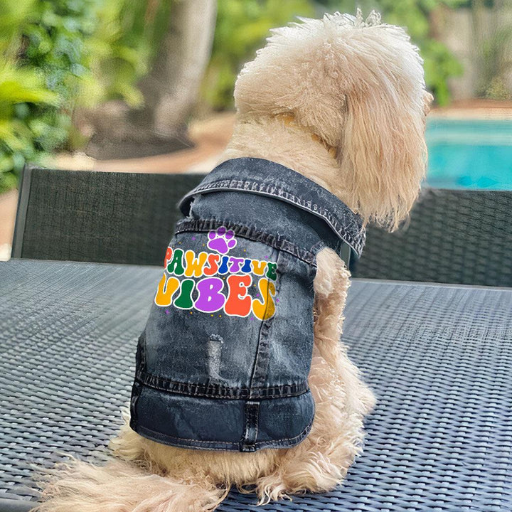 Pawsitive Vibes Dog Denim Vest - Colorful Text Dog Denim Jacket - Cool Dog Clothing - MRSLM