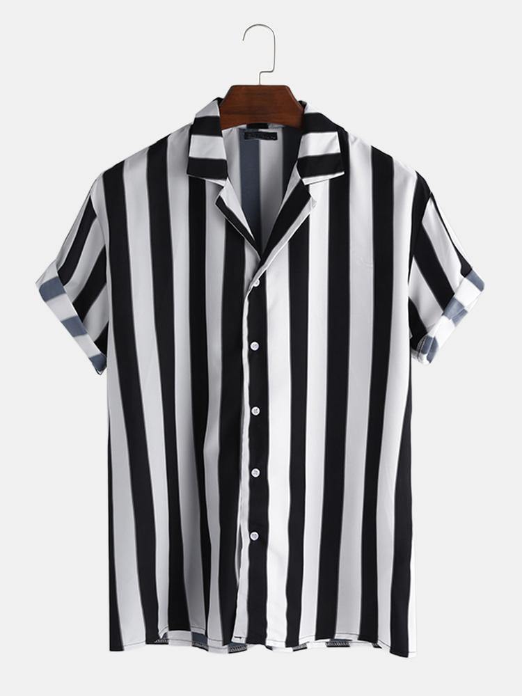Mens New Fashion Trendy Black Striped Short Sleeved Shirts - MRSLM