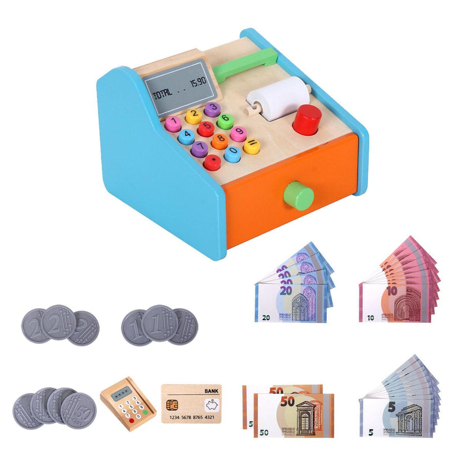 Wooden Cash Register Shop Grocery Checkout Play Game Learn Education Toys for Kids Perfect Gift - MRSLM