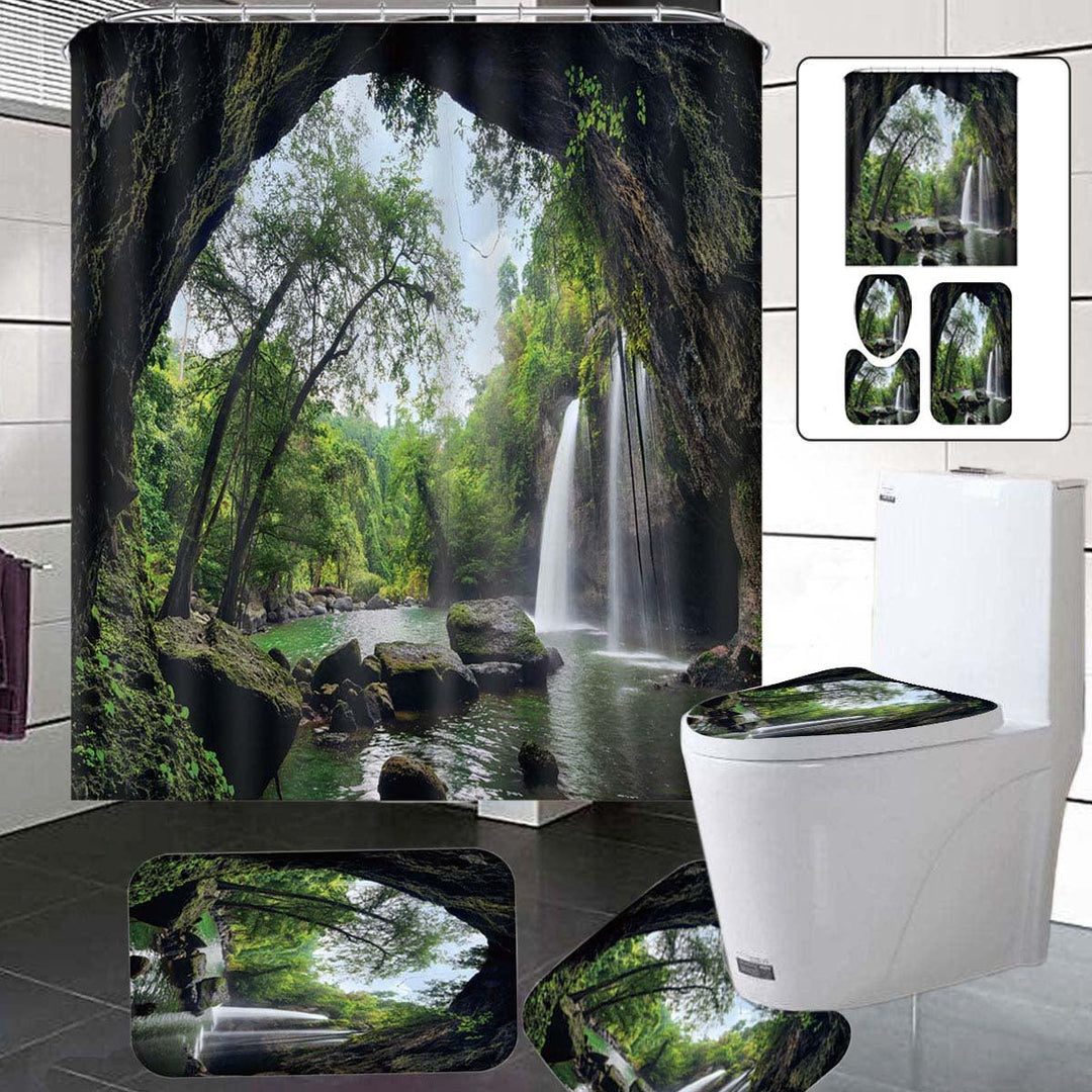 Natural Waterfall Shower Curtain Home Carpet Bathroom Decor Toilet Seat Cover Pedestal Bath Mat Rugs Set - MRSLM