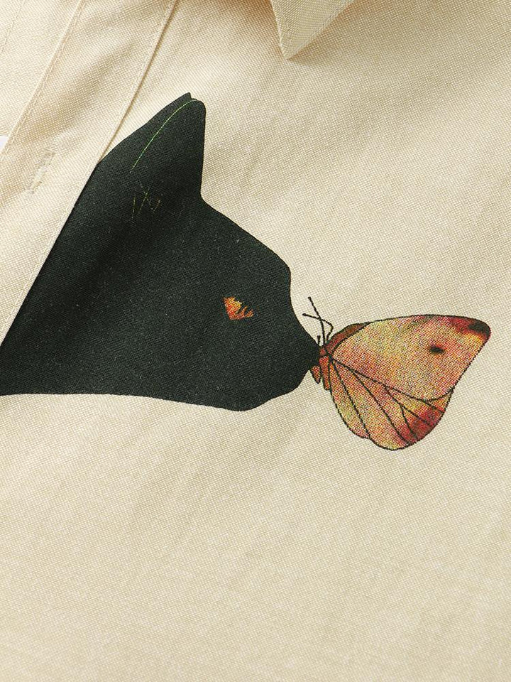 Design Cat & Butterfly Cartoon Print Long Sleeve Simple Shirts - MRSLM