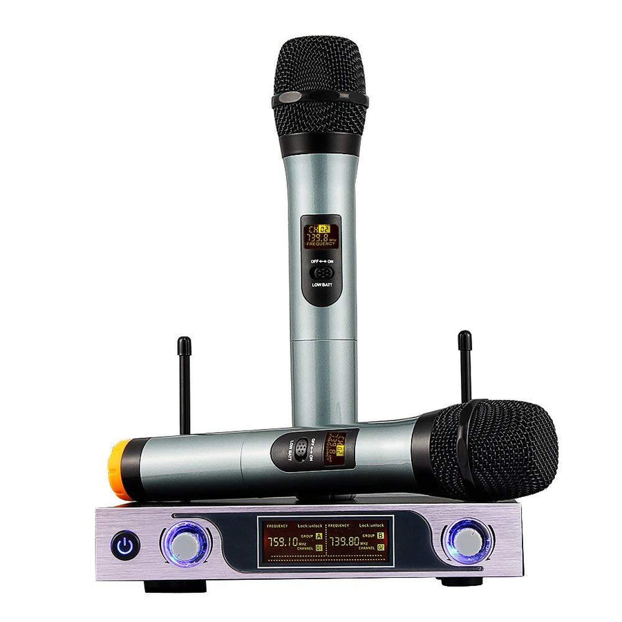 Dual Channel VHF Handheld Wireless Microphone Receiver System with Adjustable Volume Control Two Cordless LCD Handheld Noise Reduction Mics for Home KTV Conference Karaoke - MRSLM