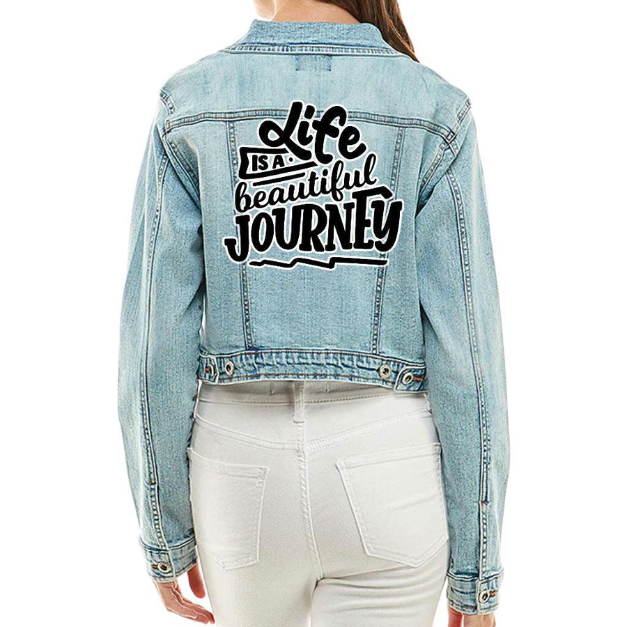 Life is Beautiful Cropped Ladies Denim Jacket - Inspirational Women's Denim Jacket - Cute Denim Jacket - MRSLM