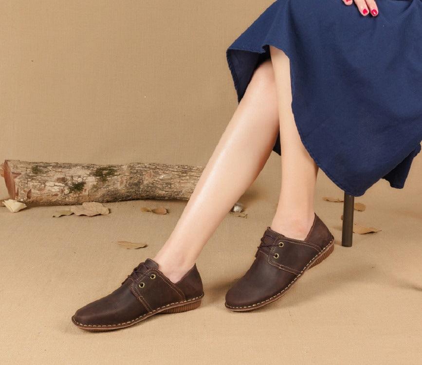 Lace-up Retro Autumn Style Hand-stitched First Layer Cowhide Women's Shoes - MRSLM