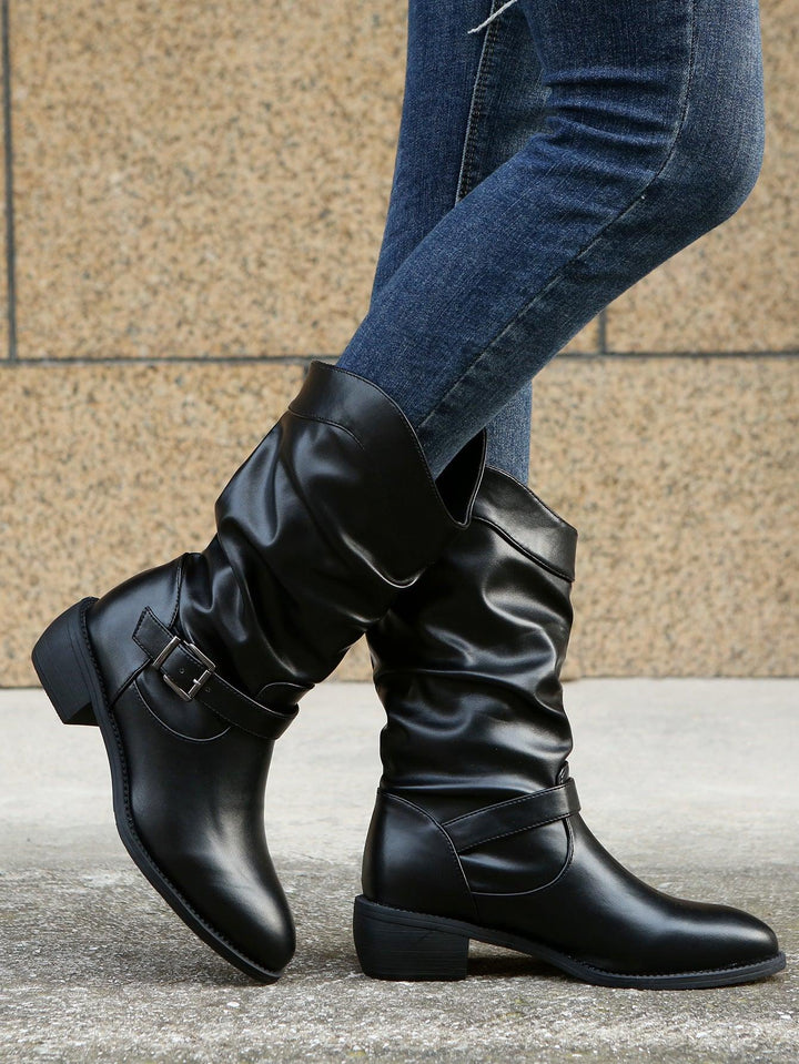 Large Size Pleated Belt Buckle Thick Heel Mid-tube Round Toe Rider Boots Women's - MRSLM