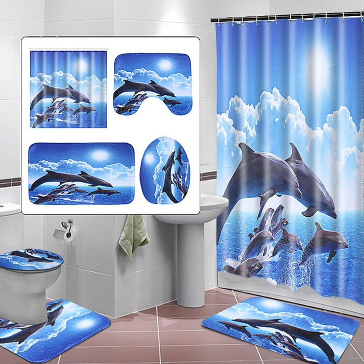 Shower Curtain Bath Pad Pedestal Rug Lid Toilet Cover Art Fashion Dolphin - MRSLM