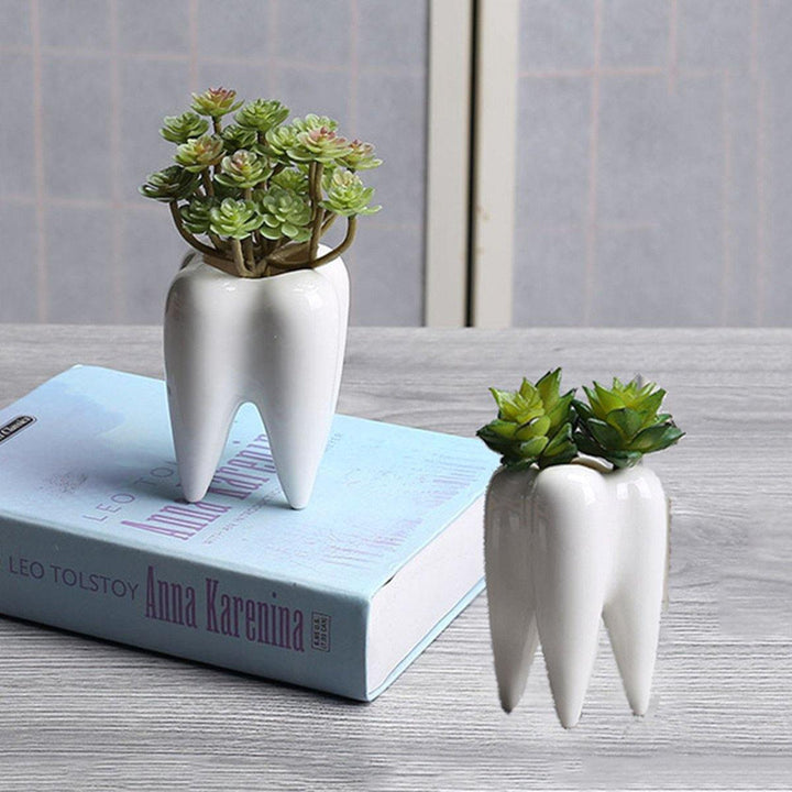 2Pcs Ceramic Plant Flower Pot Succulent Garden Cute Teeth White Home Decorative Storage Container - MRSLM