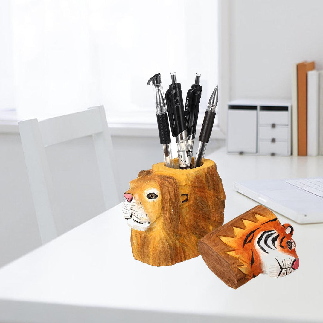 Animal Types Pen Holder Creative Hand Carved Wooden Pen Holder Lion Tiger Owl Dog Pattern Pen Organizer For Student Stationery Pencil Not Included - MRSLM