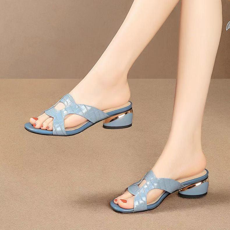 Lazy Lowheeled Leather Slippers Soft Leather Sandals And Slippers Female Fish Mouth Gold Midheel Shoes - MRSLM
