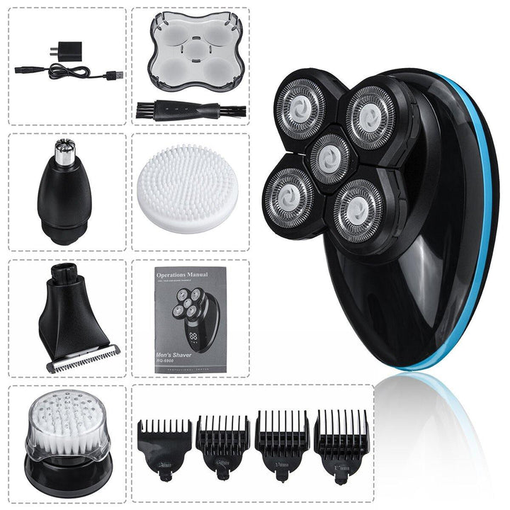 5 in 1 Rotary 5 Heads Electric Shaver USB Rechargeable Waterproof Wet & Dry Beard Nose Hair Trimmer - MRSLM