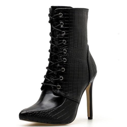 Snake Print Lace-up Sexy Pointed-toe Women's Boots - MRSLM