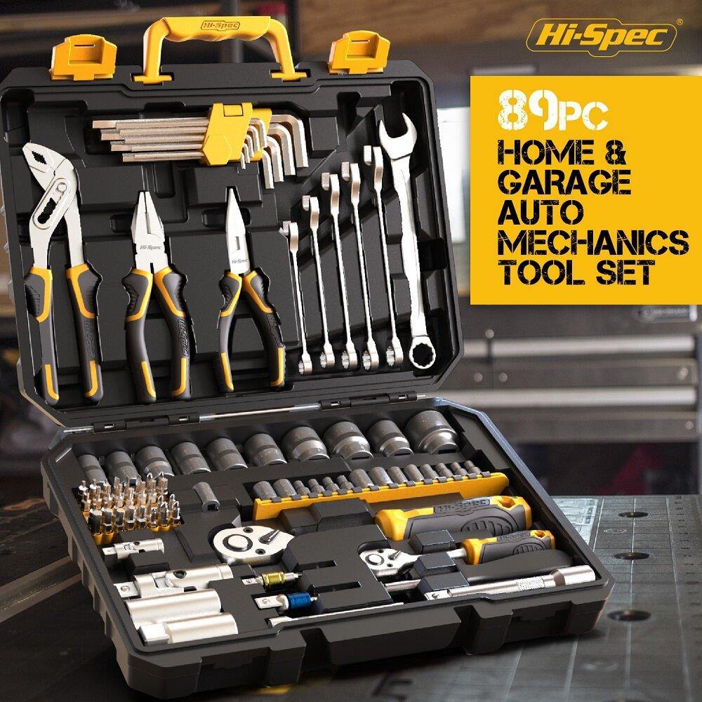Hi-Spec 89pcs Mechanic's Hand Tool Kit Set Tools for Auto 1/2 1/4 Professional Socket Wrench Combination Tool Set with Toolbox - MRSLM