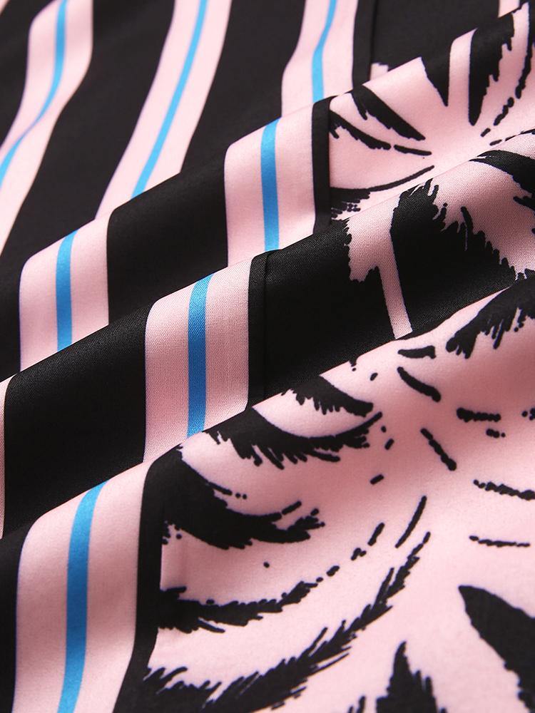 Men Coconut Tree Colorful Stripe Mixed Print Short Sleeve Casual Holiday Shirts - MRSLM