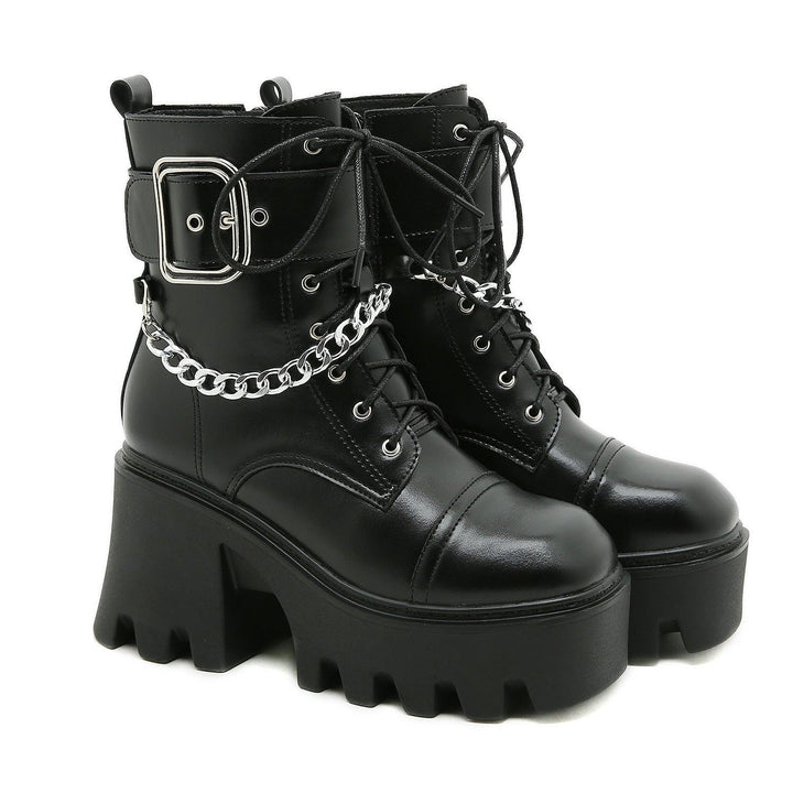 New Square Toe Thick Heel Side Zipper Platform Belt Buckle Platform Shoes Female Chain Martin Boots - MRSLM