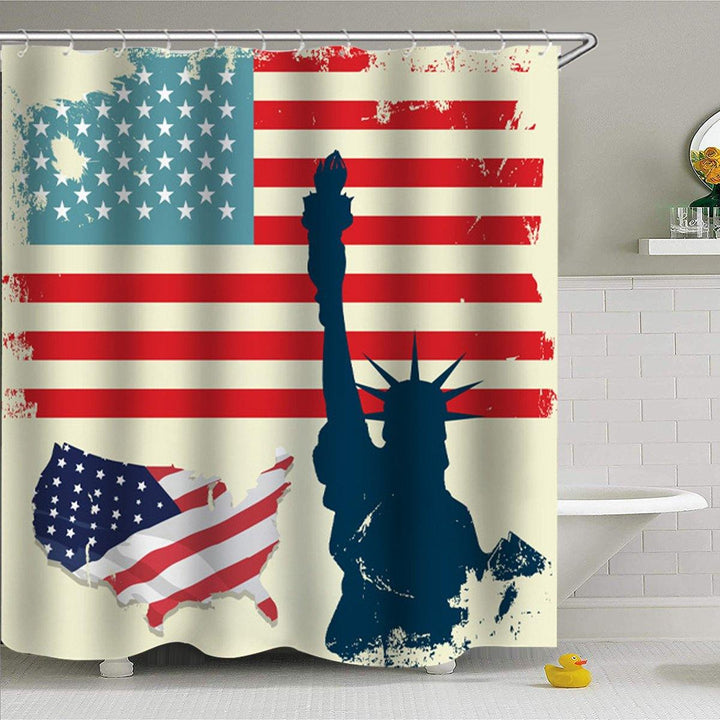American Flag Bathroom Shower Curtain Non-Slip Rug Toilet Lid Cover Bath Mat with 12 Ring - MRSLM