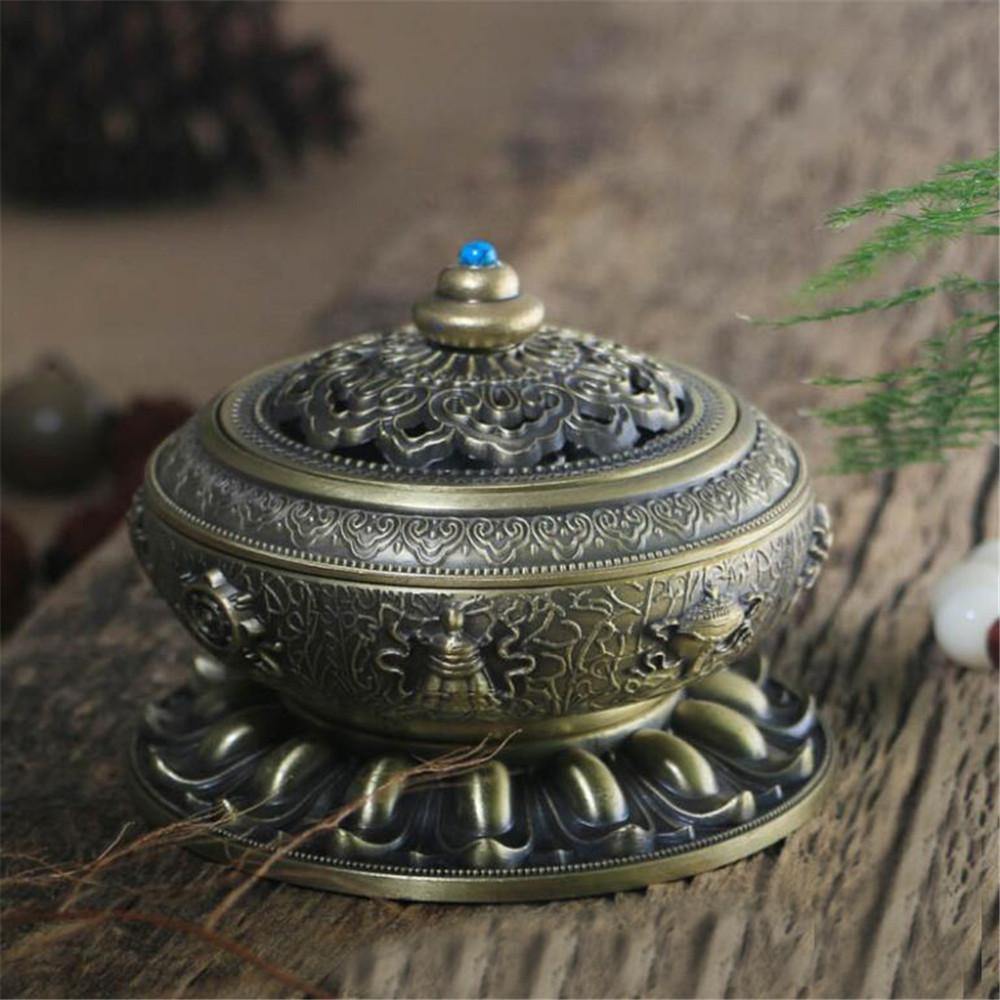Incense Coil Burner Tibet Lotus Copper Alloy Holder Gift Craft Yoga Room Home Decor Buddhist Censer - MRSLM