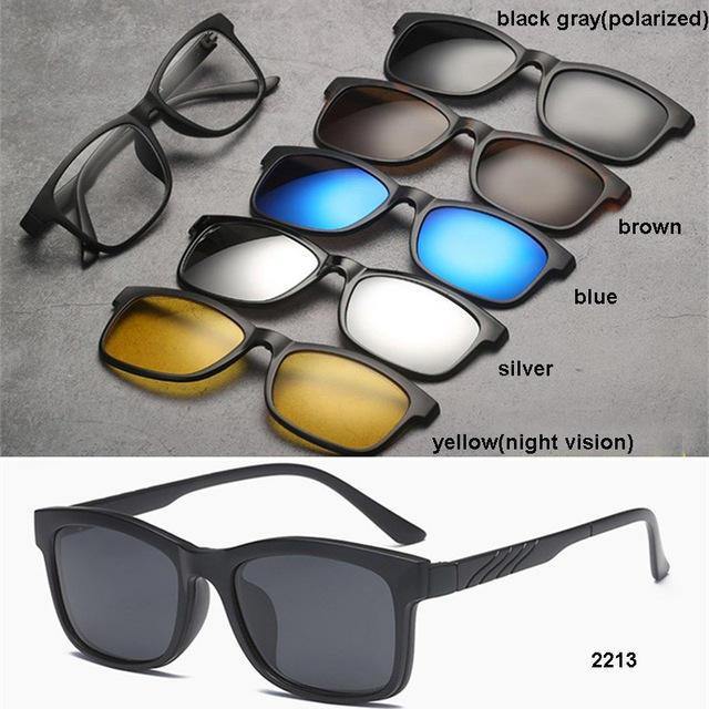 5 in 1 TR-90 Polarized Magnetic Glasses Clip On Magnetic Lens Sunglasses UV-proof Night Vision with Leather Bag - MRSLM