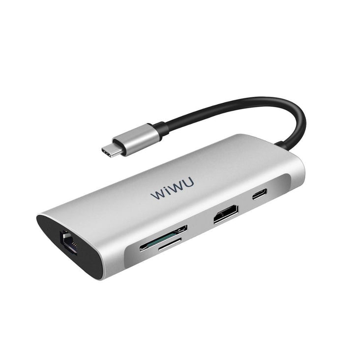 WiWU Alpha 831HRT 8-in-1 USB-C Hub Type-C to USB3.0 Adapter HD Converter SD/TF Card Reader PD Fast Charging RJ45 Multi-functional Docking Station (Grey) - MRSLM