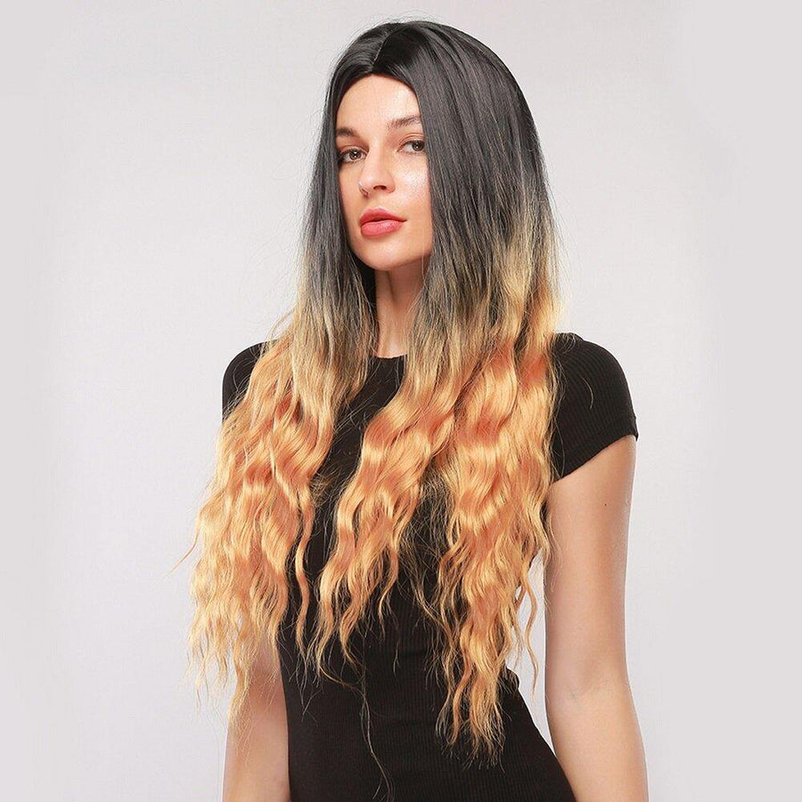 30 Inch Black Gradient Gold Long Curly Hair Fluffy Synthetic Fiber Prom Full Head Cover Wig - MRSLM