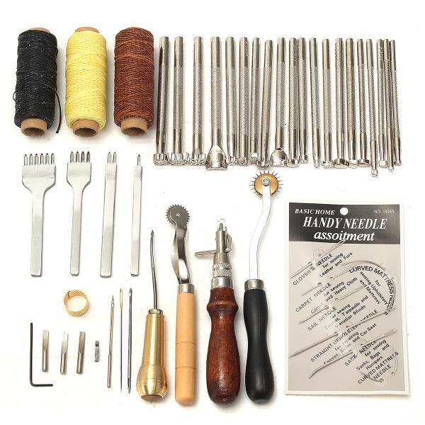 48 Pcs Leather Craft Tools Kit Hand Sewing Stitching Punch Carving Work Saddle - MRSLM