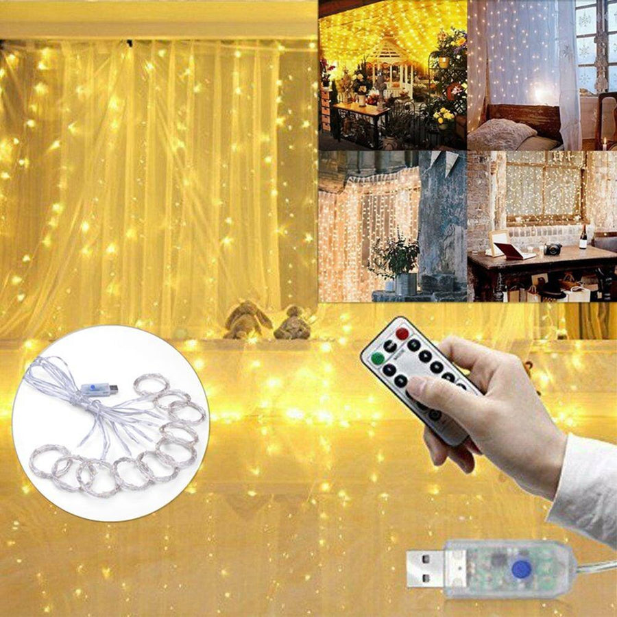 3Mx3M Outdoor USB 8 Modes 300LED Curtain String Light Fairy Christmas Wedding Lamp Festival Holiday Decor - MRSLM
