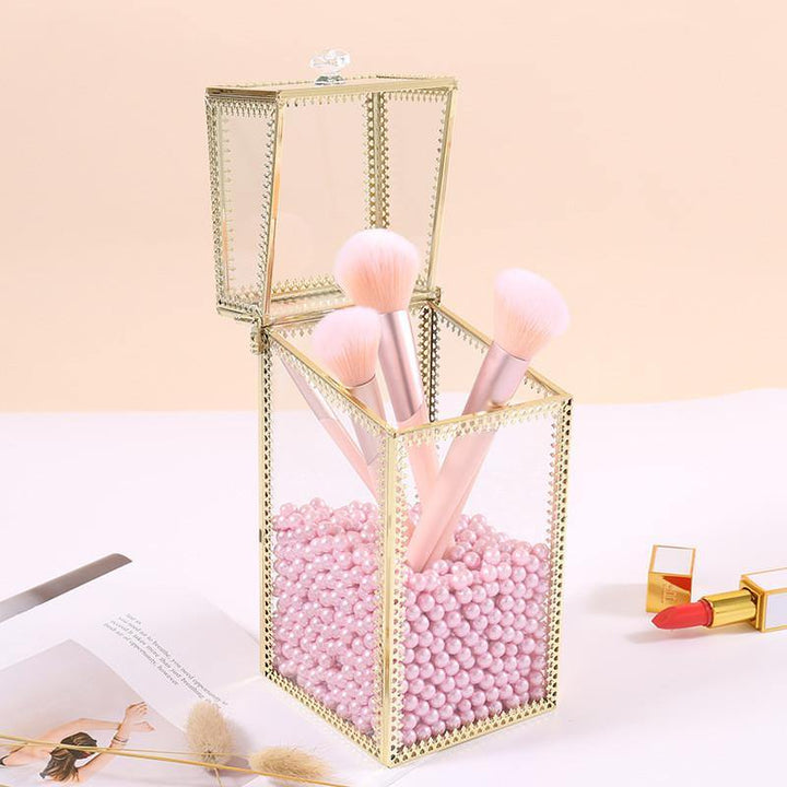 Geometric Glass Makeup Brush Jewelry Box Holder Makeup Organizer Desktop Cosmetic Storage Box Pearls Barrel - MRSLM