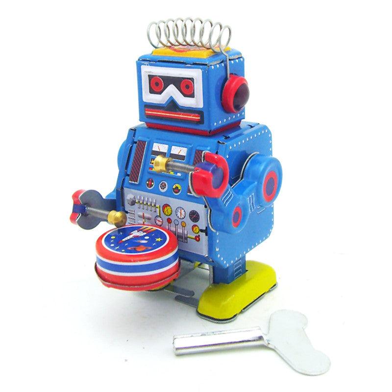 Classic Vintage Clockwork Wind Up Drum Playing Robot Reminiscence Children Kids Tin Toys With Key - MRSLM