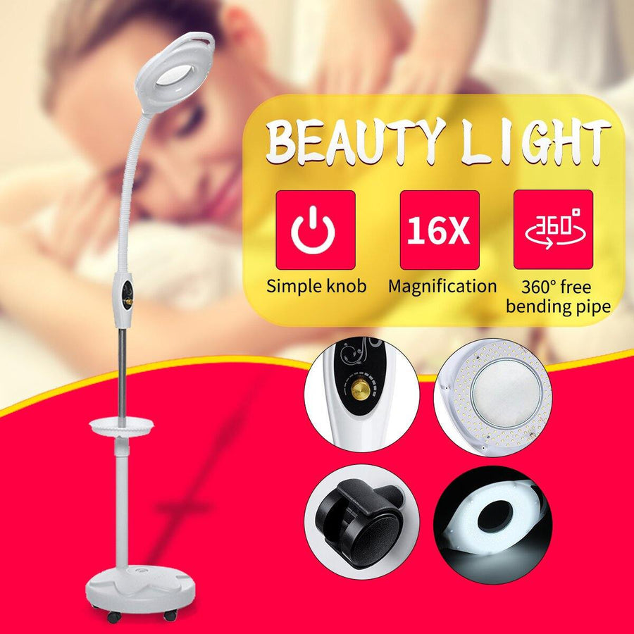 16 LED Facial Magnifying Floor Lamp Light Adjustable Rolling Magnifier Spa Salon - MRSLM