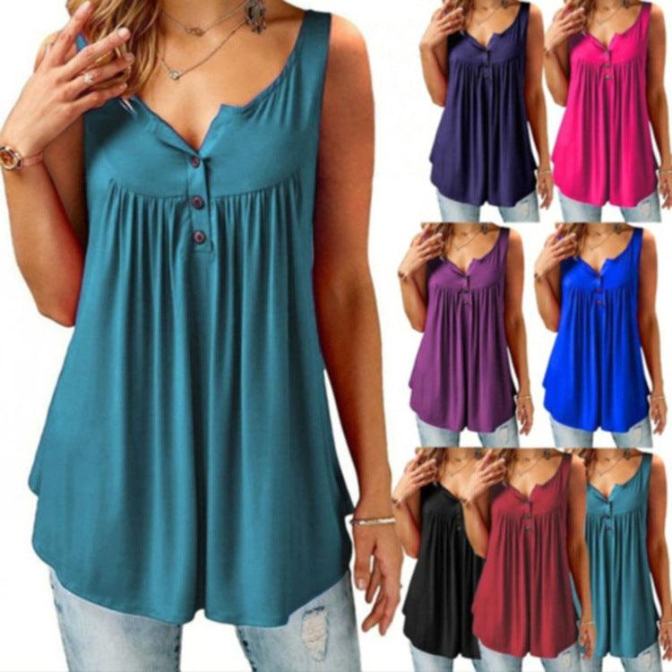 Solid Color Gathered Sleeveless Women's Casual T-Shirt Mid Length Button Vest - MRSLM