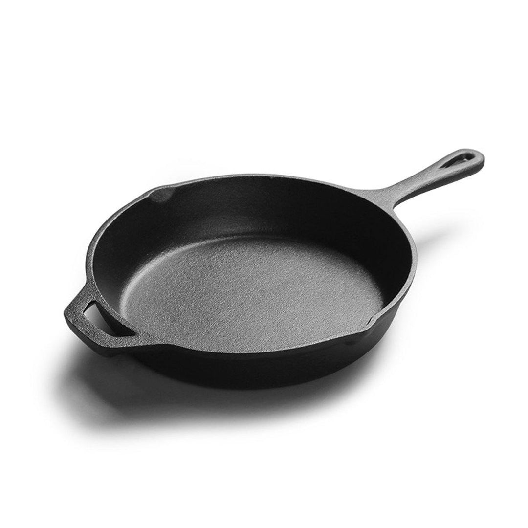 12'' Cast Iron Frying Pan No-Coating Saucepan Skillet Kitchen Home Cooking Tool With Wood Base - MRSLM