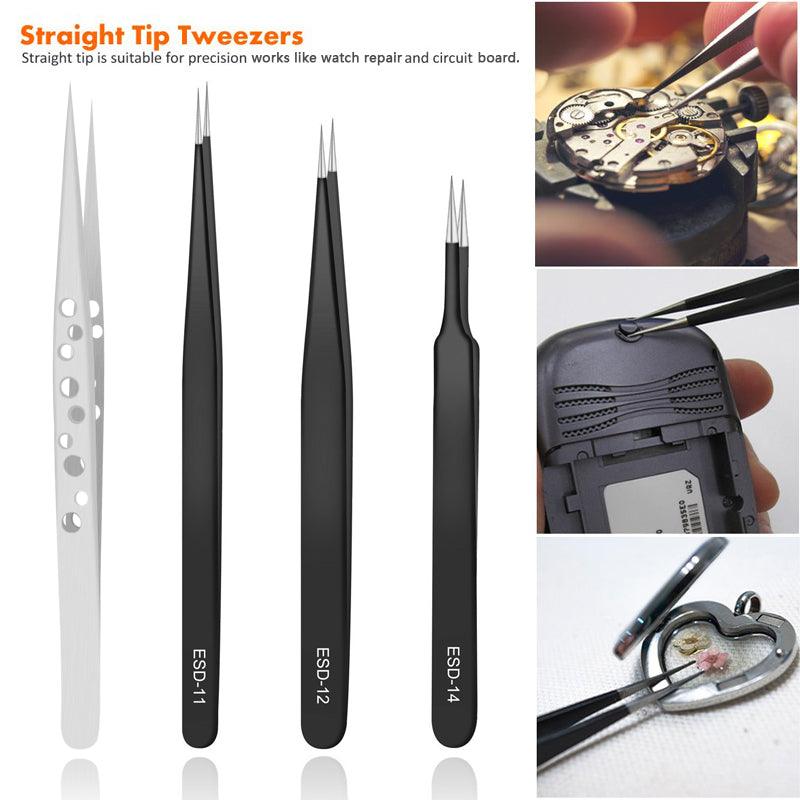 Handskit 9Pcs Tweezers Set Stainless Steel Anti-static Precision Tweezers for Electronic Mobile Phone Repair Tools Hand Tools - MRSLM