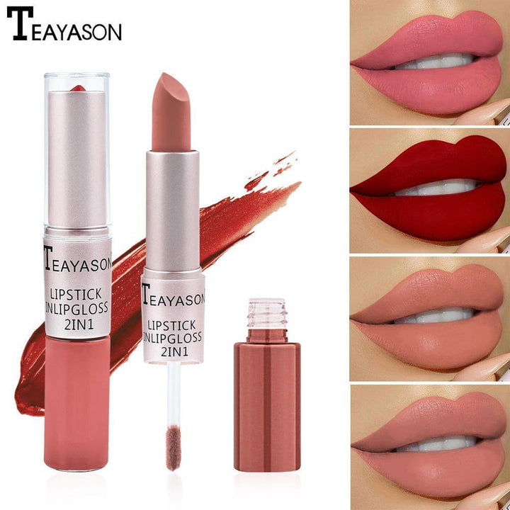Double head non-stick cup matte matte lip gloss two-in-one matte durable bean paste does not fade dip cup lipstick female - MRSLM