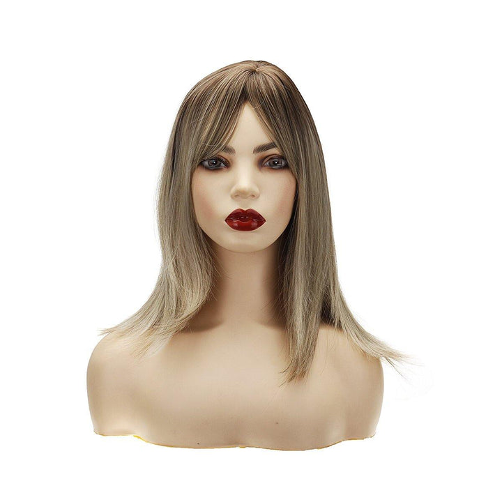 16 inch Brown Roots Ombre Ash Blonde Synthetic Hair Wigs for Women Short BoB Layered Wig - MRSLM