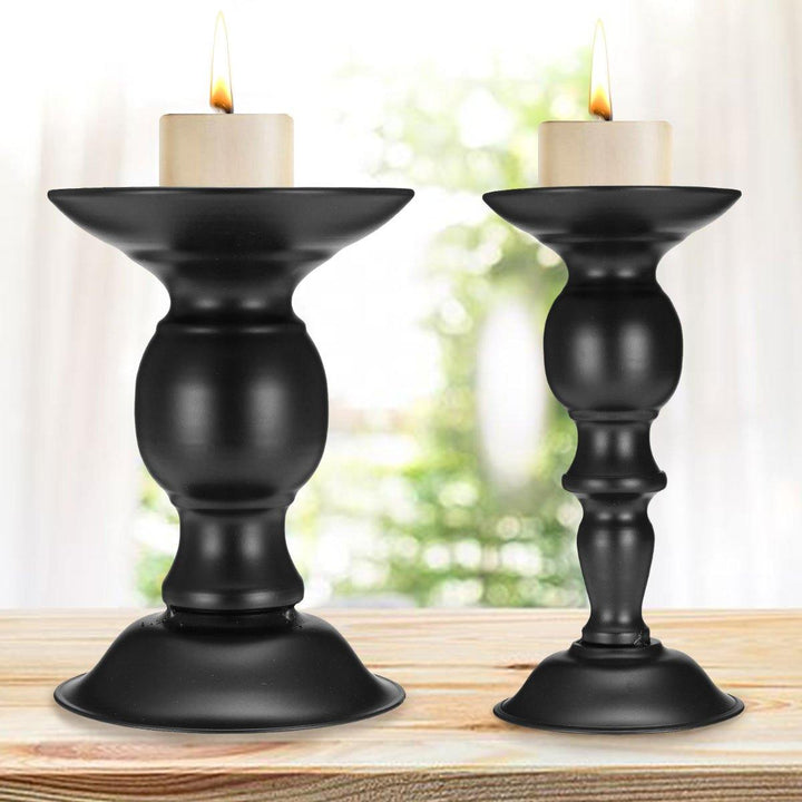 2Pcs Vintage Carved Pillar Candle Holder Candlesticks Stand Wedding Party Decor Black - MRSLM