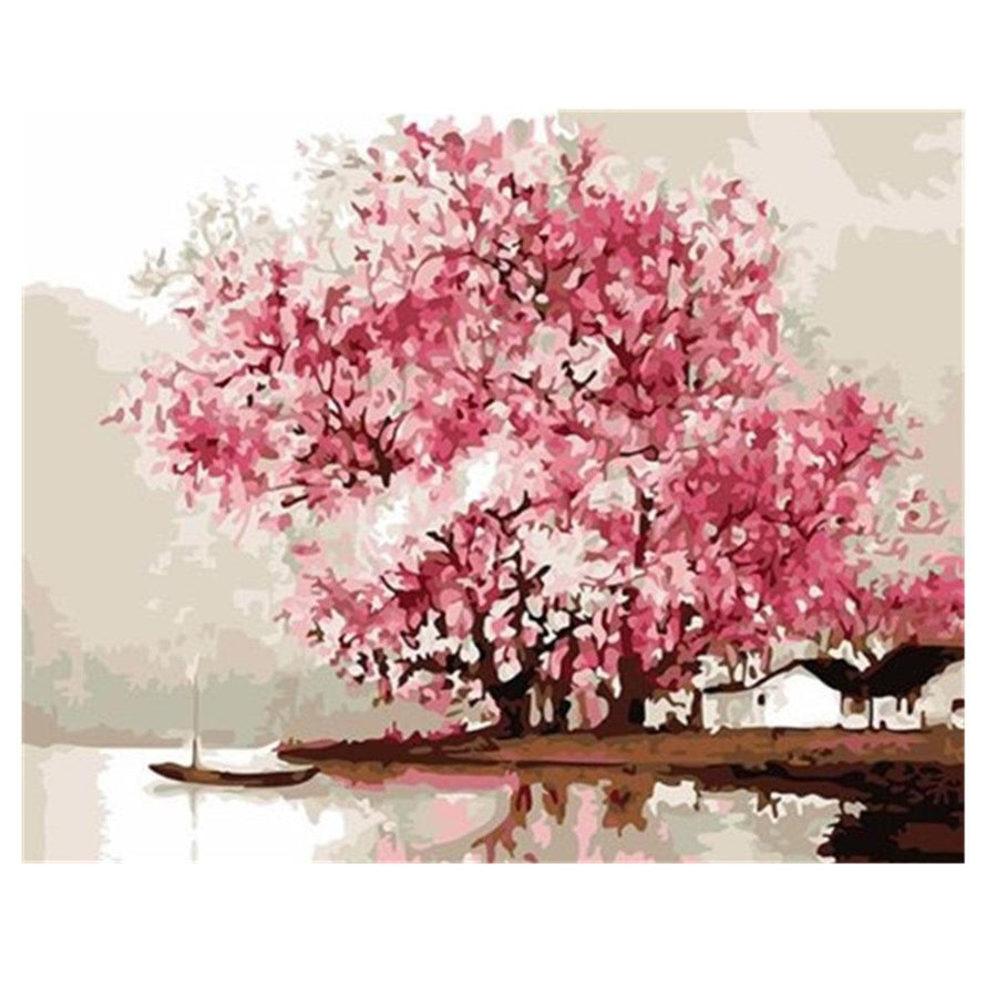 Oil Painting By Number Kit Pink Cherry Blossom Tree Painting DIY Acrylic Pigment Painting By Numbers Set Hand Craft Art Supplies Home Office Decor - MRSLM