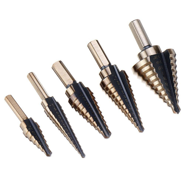 Drillpro 5pcs HSS Step Drill Bit Set Hole Cutter Drilling Tool Multiple Hole 50 Sizes with Aluminum Case - MRSLM