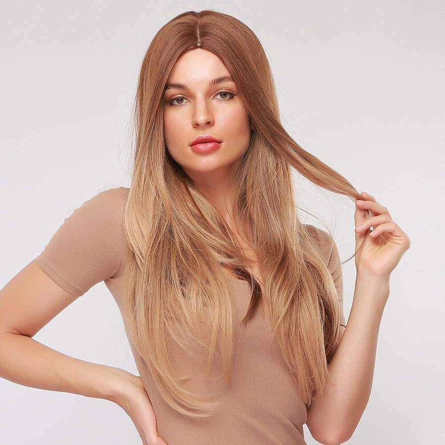 24 Inch Brown Gradient Long Straight Hair Fluffy Middle Part Long Bangs Synthetic Wigs - MRSLM